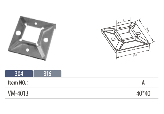 Stainless Steel welded square Flange for square posts railing or handrails 