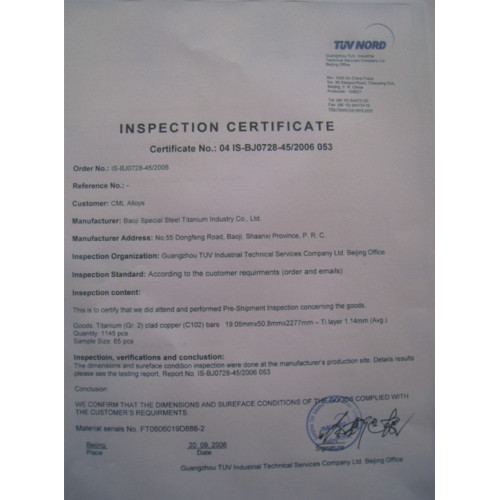 TUV NORD INSPECTION CERTIFICATE