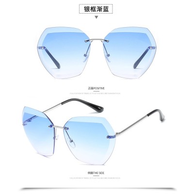 UV400 Oversized Ocean Lens Shades Factory Wholesale Women Female Lady Rimless Diamond Cut Sunglasses