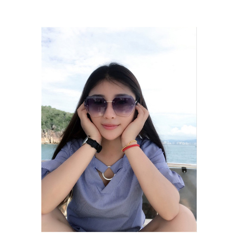 UV400 Oversized Ocean Lens Shades Factory Wholesale Women Female Lady Rimless Diamond Cut Sunglasses