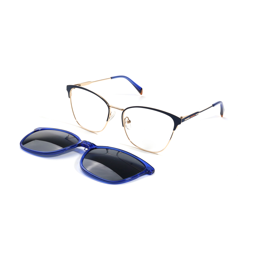 Gold round eyeglass frames with contrasting blue clip on