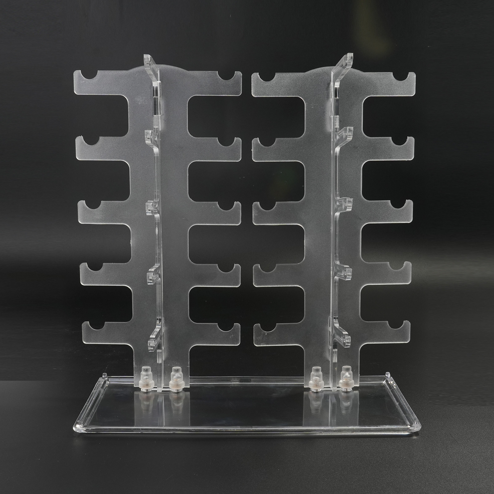 eyeglasses frame riser display stand five-tier stepped temple and hinge detail in clear, with optional printed logo