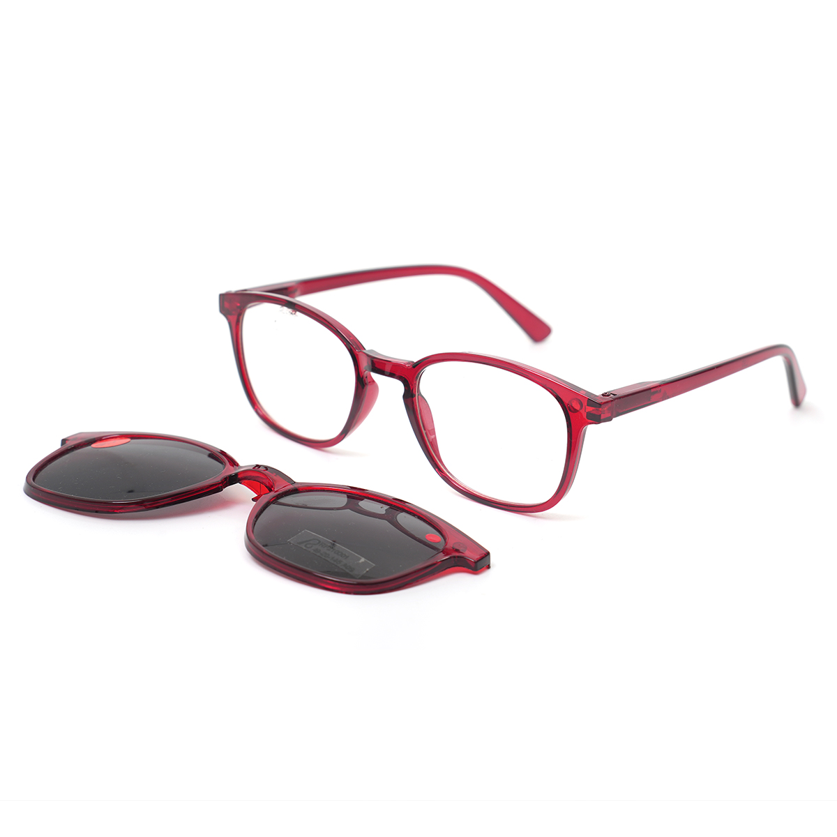 Red round eyeglass frames with matching red clip on sunglasses