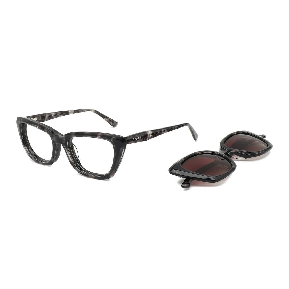 Acetate optical frame shown with its removable magnetic sun clip