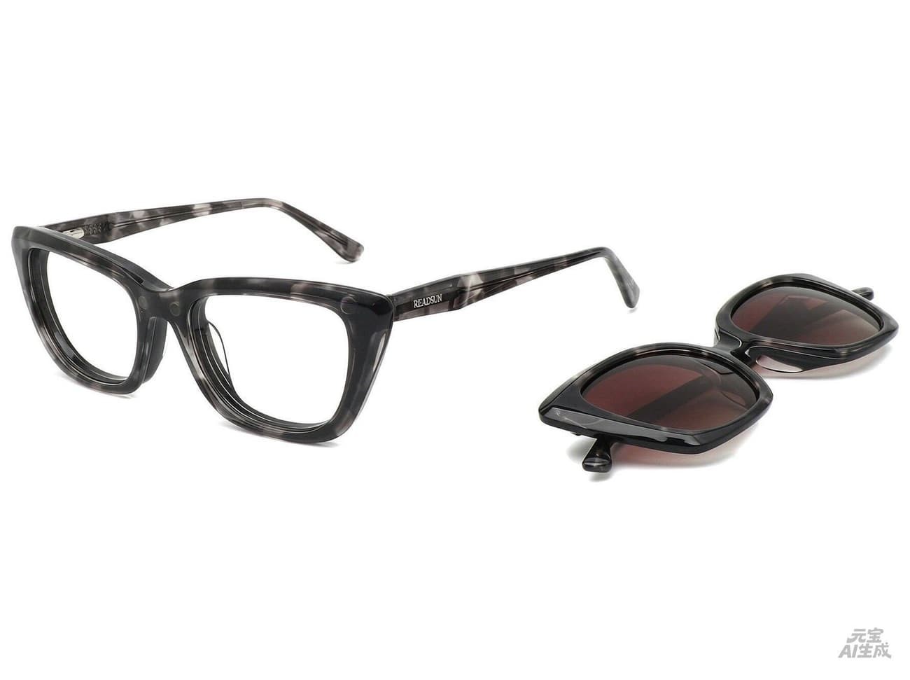 Acetate eyewear set shown with the clip removed
