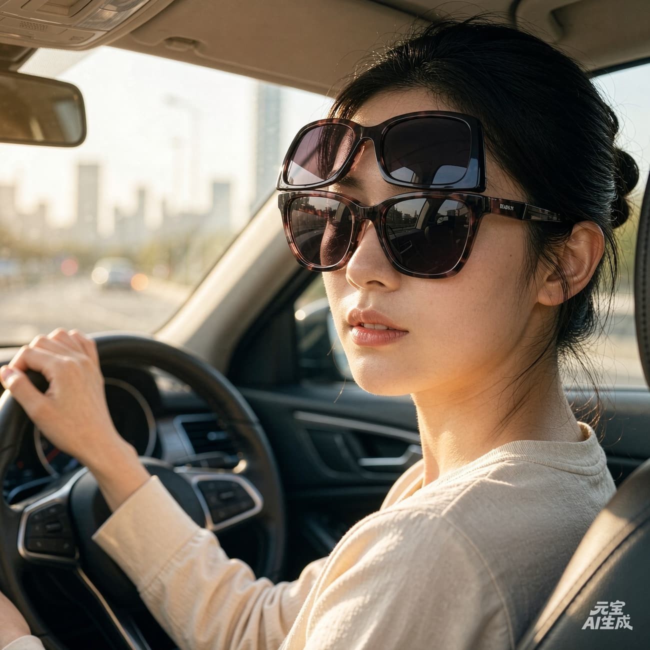 Woman wearing clip-on eyewear while driving