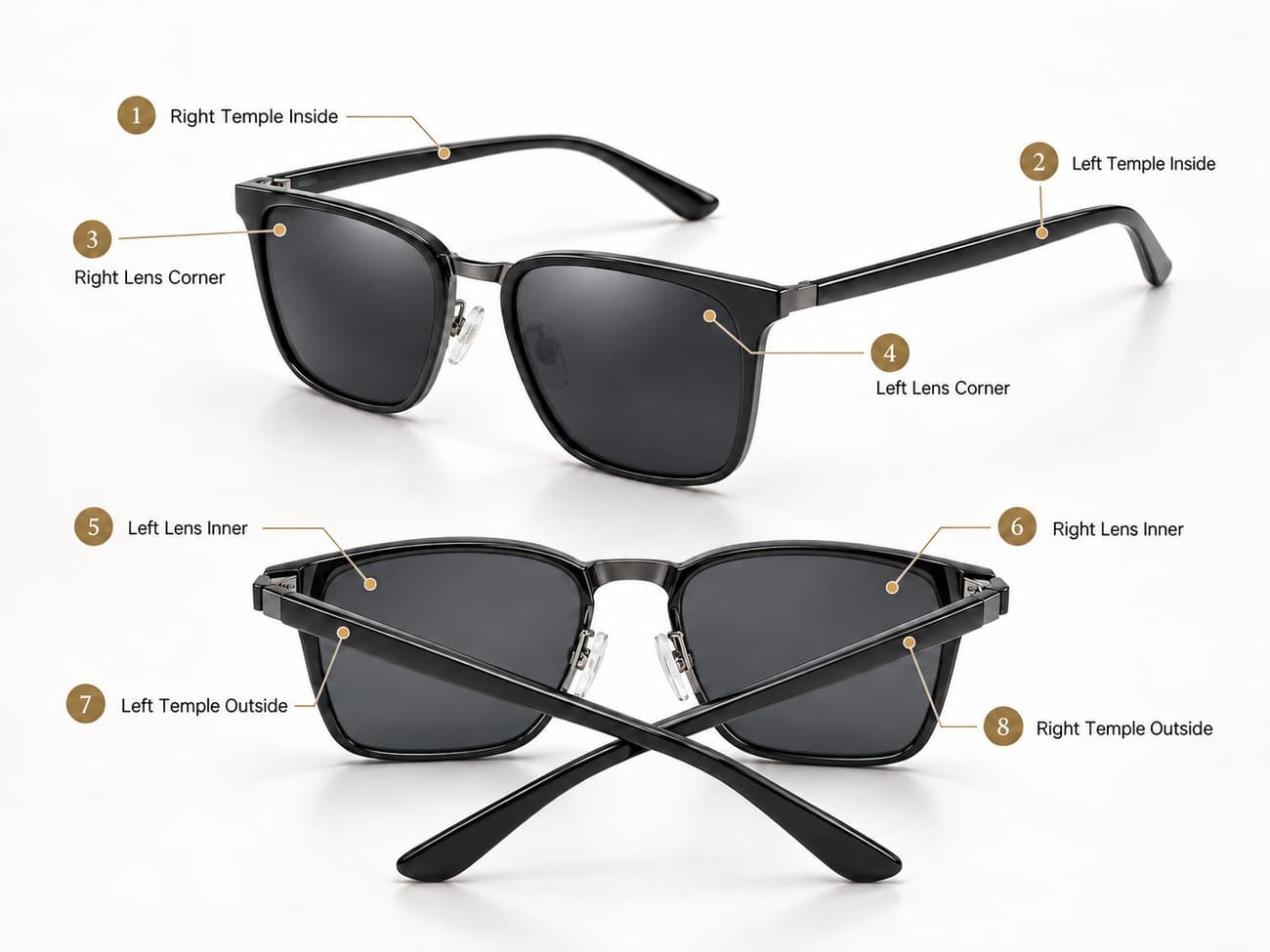 Logo position options on temples and lenses