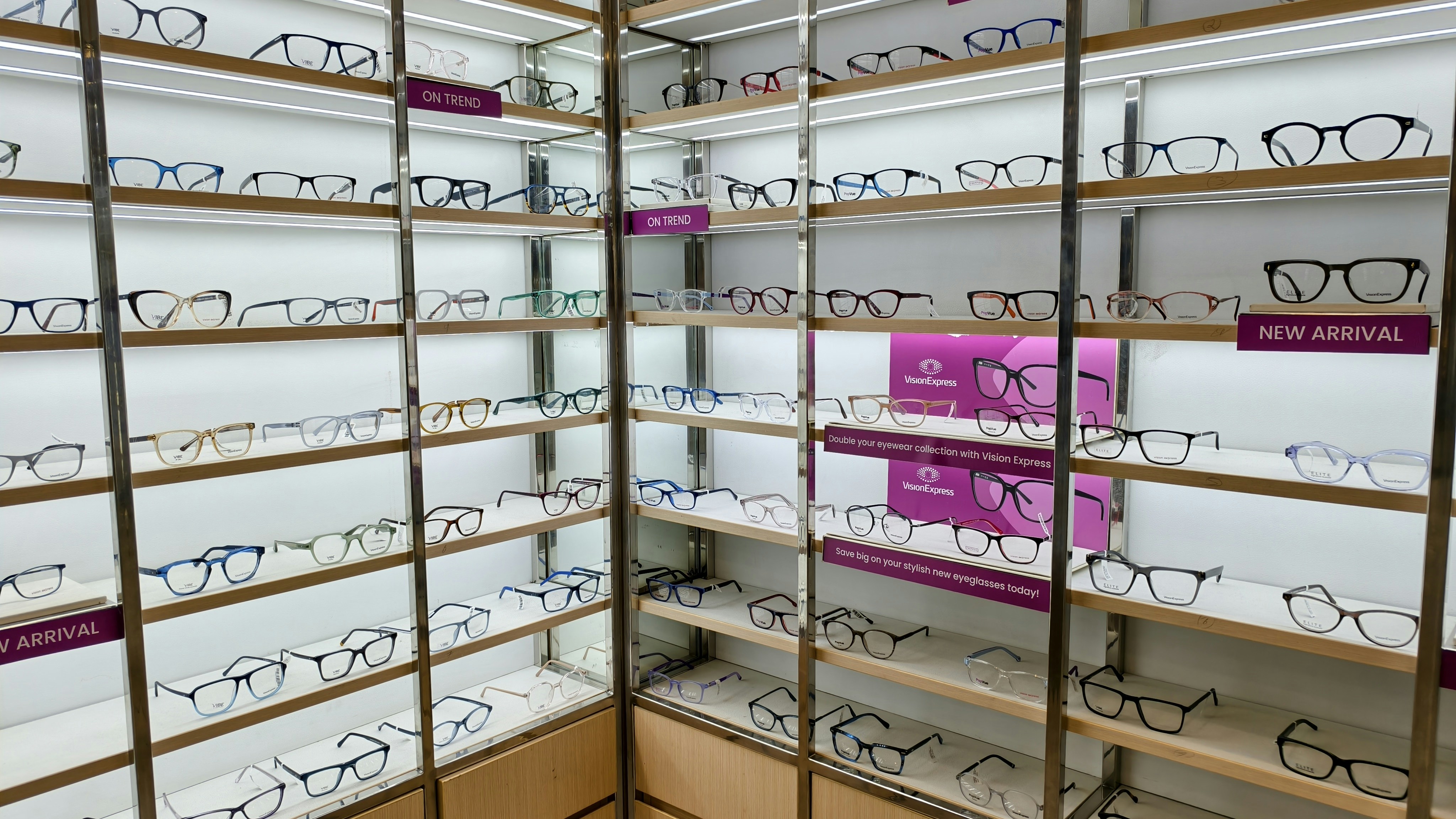A display of colorful, safe kids optical frames in a retail store