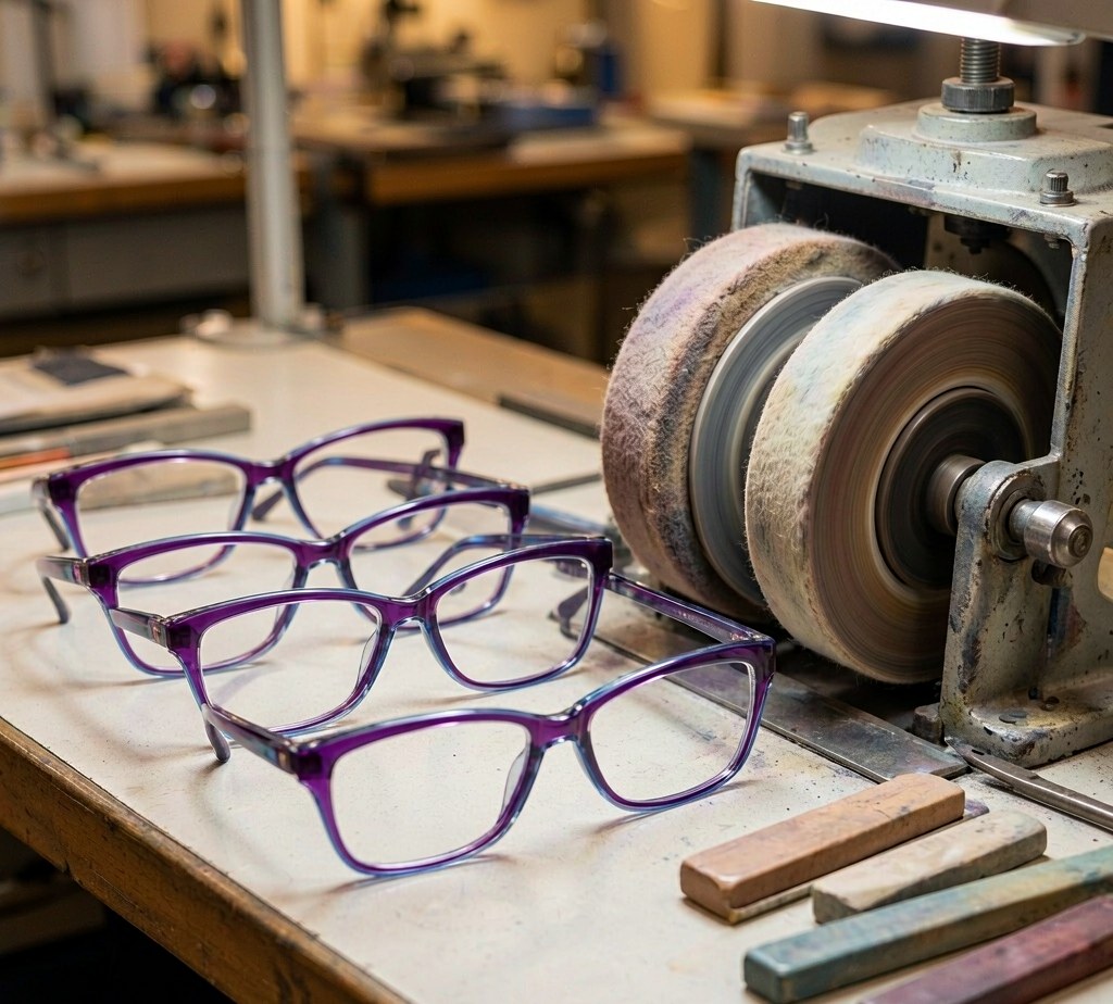 Polishing station for acetate frames