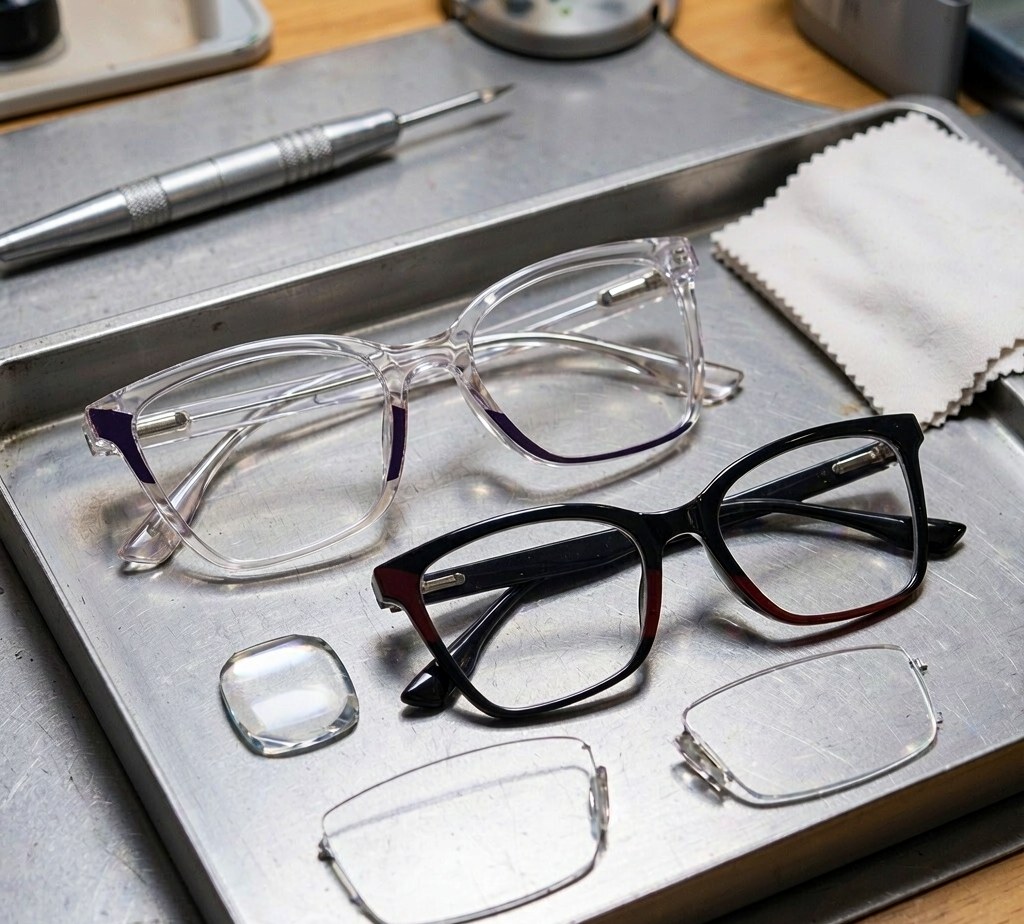 Optical frame with clear demo lenses and lens blanks