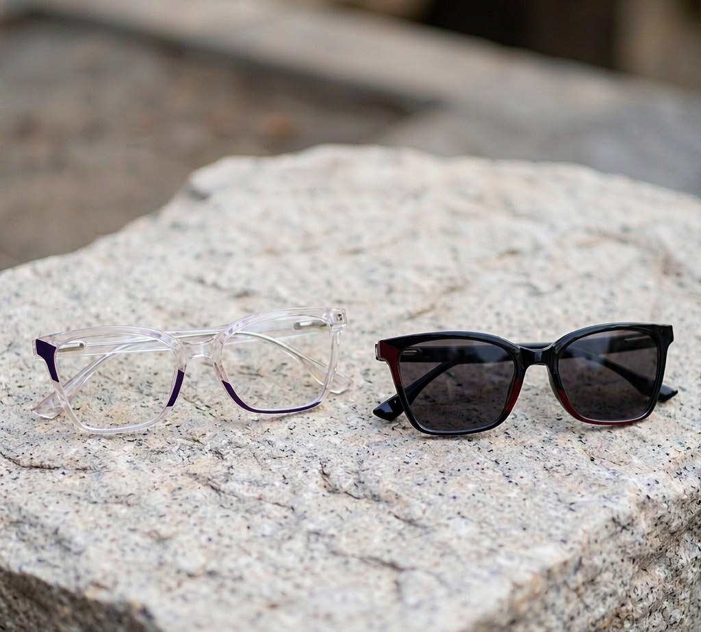Clear-lens optical frame and sunglasses side by side