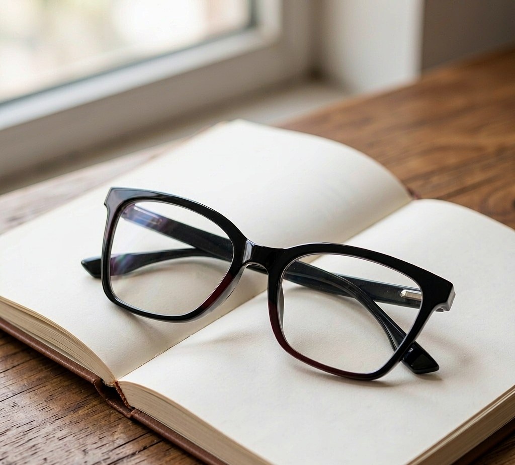 Clear-lens acetate optical frame on a notebook