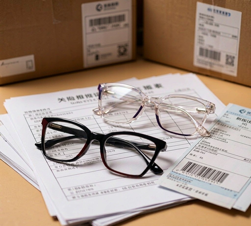 Customs declaration forms and an eyeglass frame on a desk