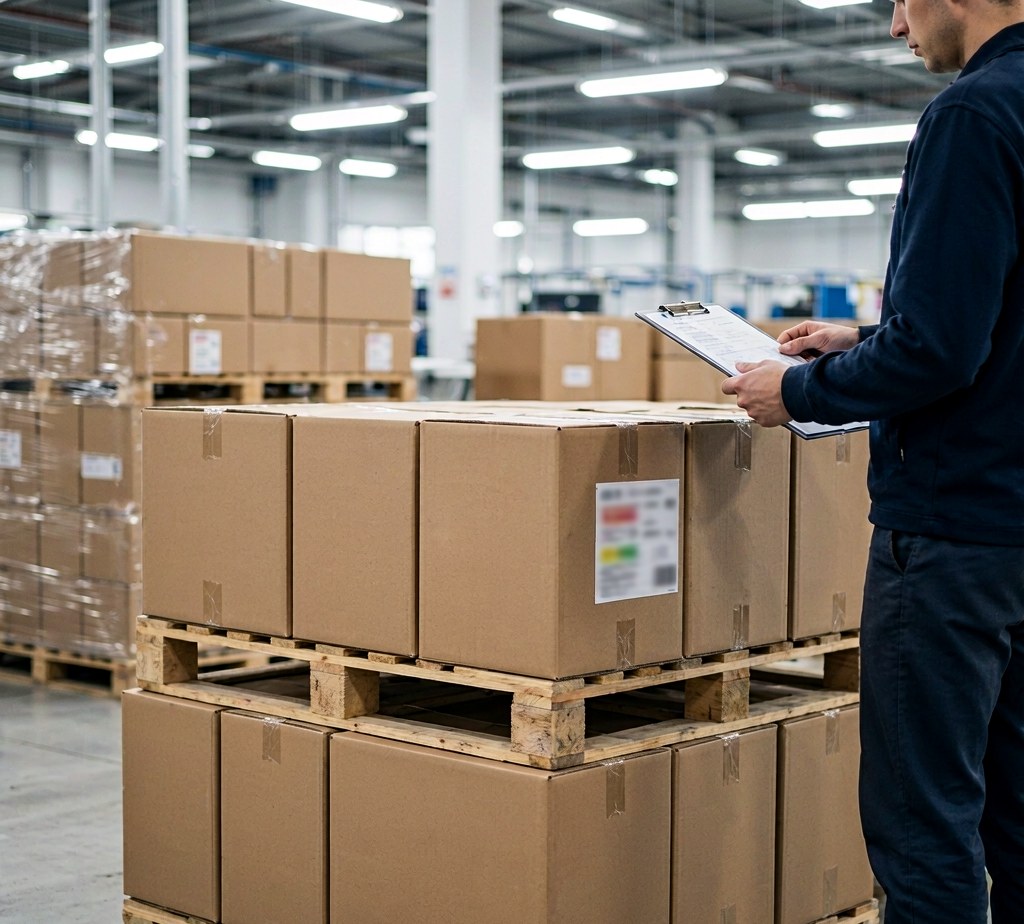 Palletized cartons in a warehouse