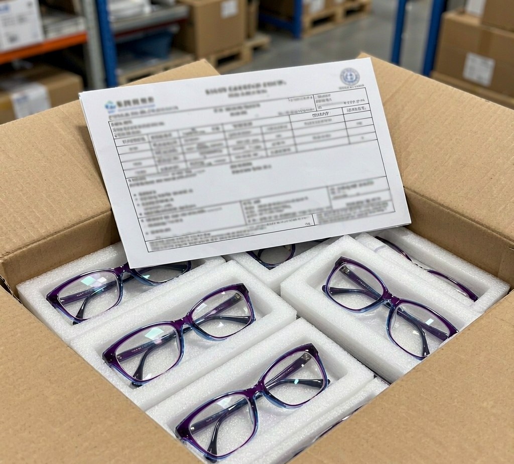 Open export carton with optical frames