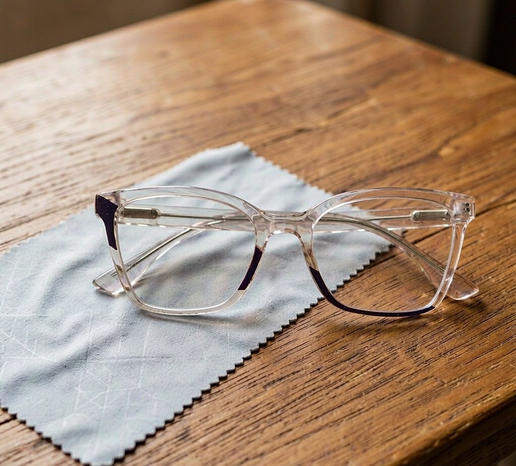Well-used eyeglass frames with a cloth on a wooden table