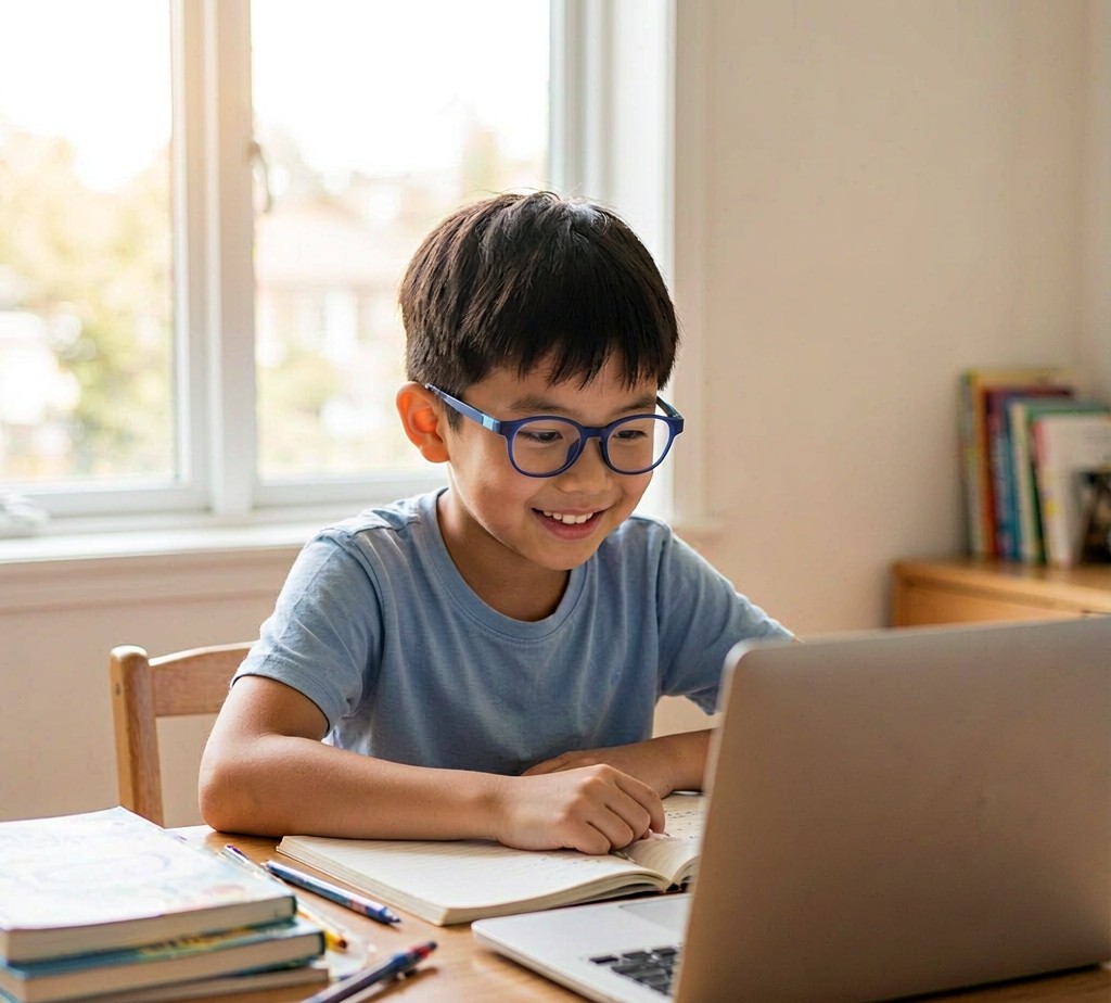 Boy wearing OTRK264013 kids blue light blocking glasses while doing homework at a desk