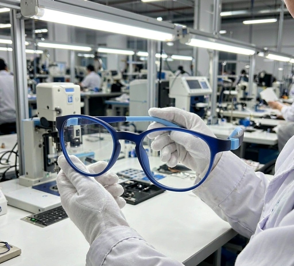 Inspector checking OTRK264013 kids glasses quality in the production workshop