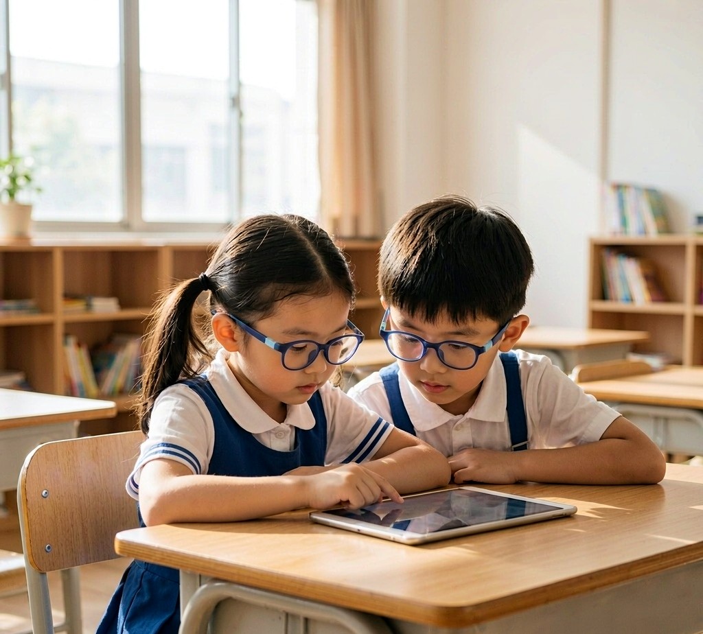 Children wearing navy blue round TR90 glasses using a tablet in a classroom