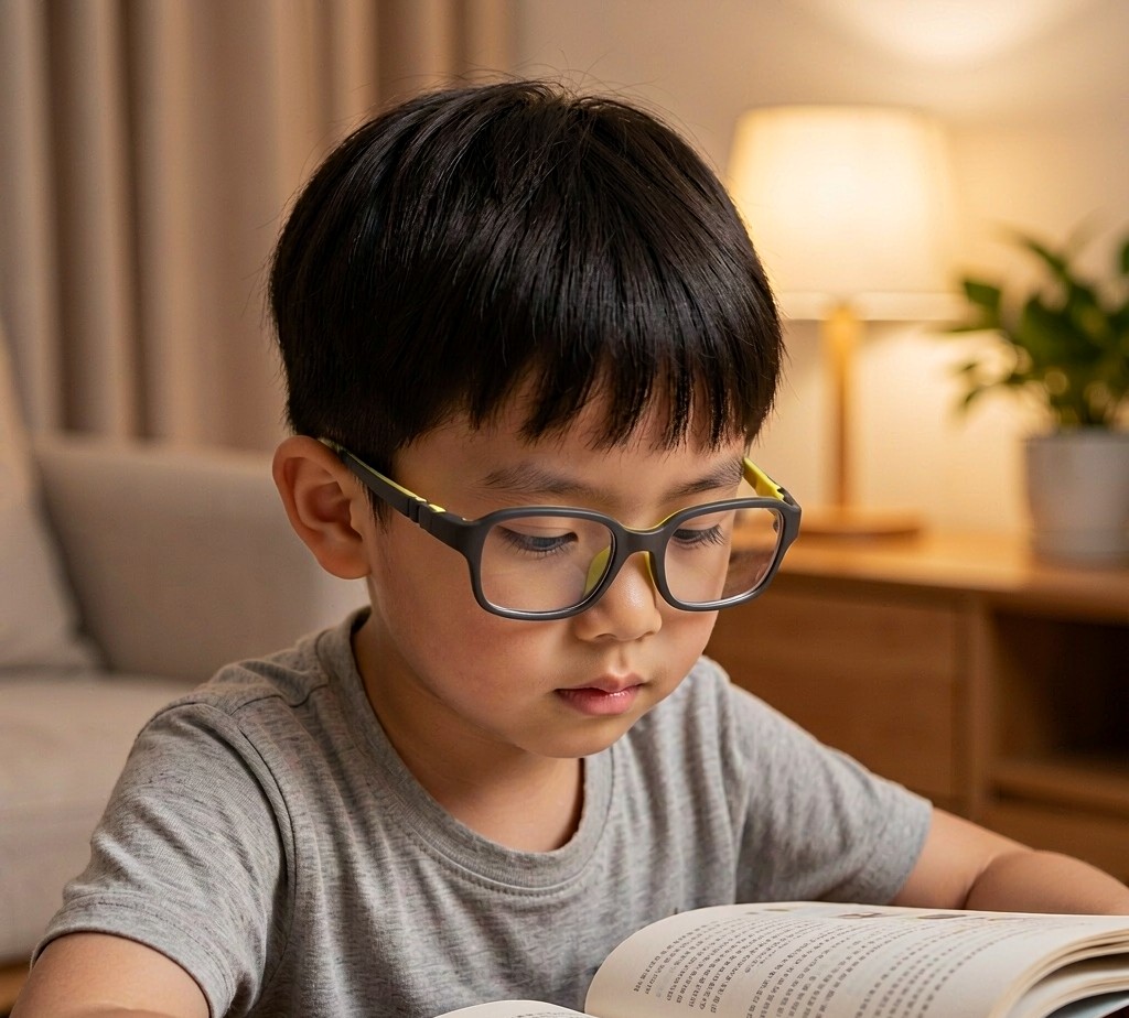 Child wearing OTRK264019 kids anti blue light glasses at a desk
