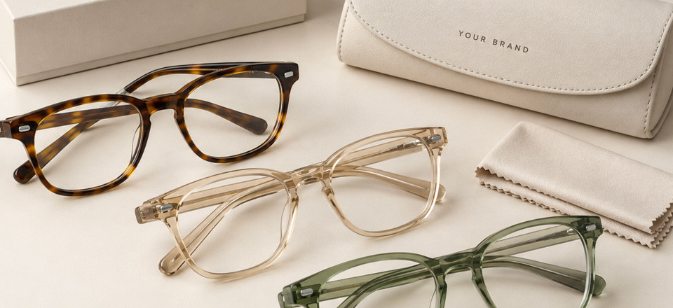 Three acetate sunglass frames in tortoise, champagne transparent and olive green