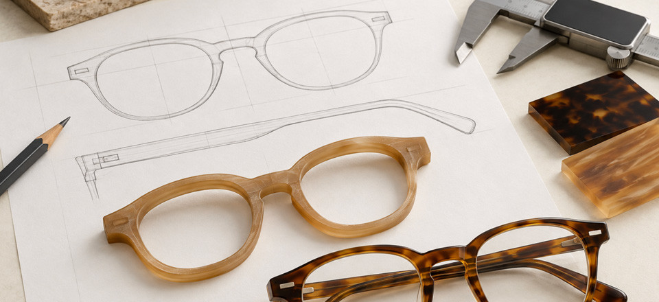 Acetate sunglasses front sketches next to champagne and tortoise sample frames