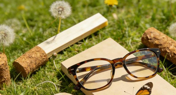 Honey tortoise acetate sunglasses photographed outdoors on a notebook