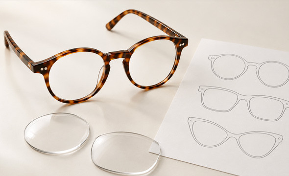 Tortoise round acetate frame with lens blanks and frame design sketches