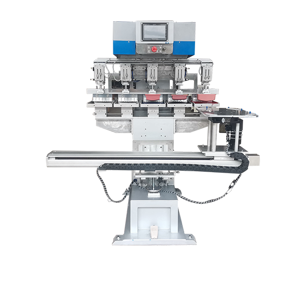 Five color servo pad printing machine: rubber head servo drive, worry free printing of long pieces in multiple positions