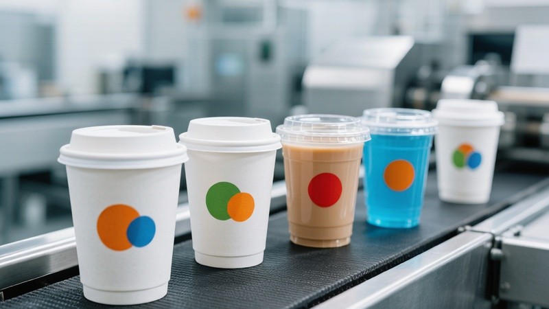 Assorted printed cups on production conveyor