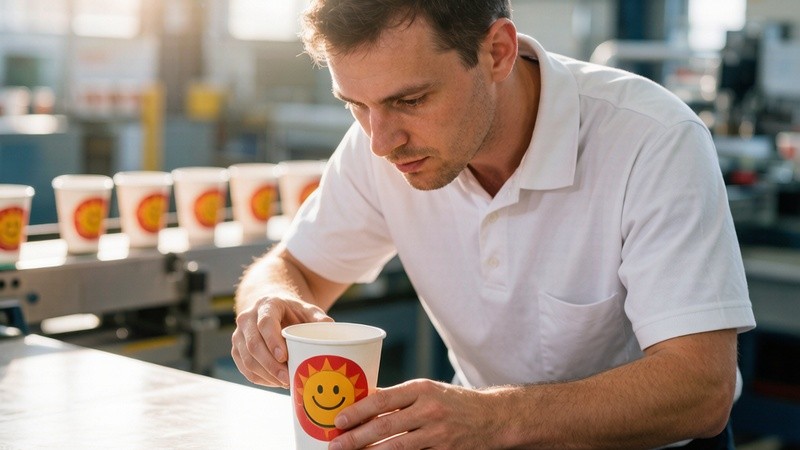 Technician inspecting printed cups for quality control