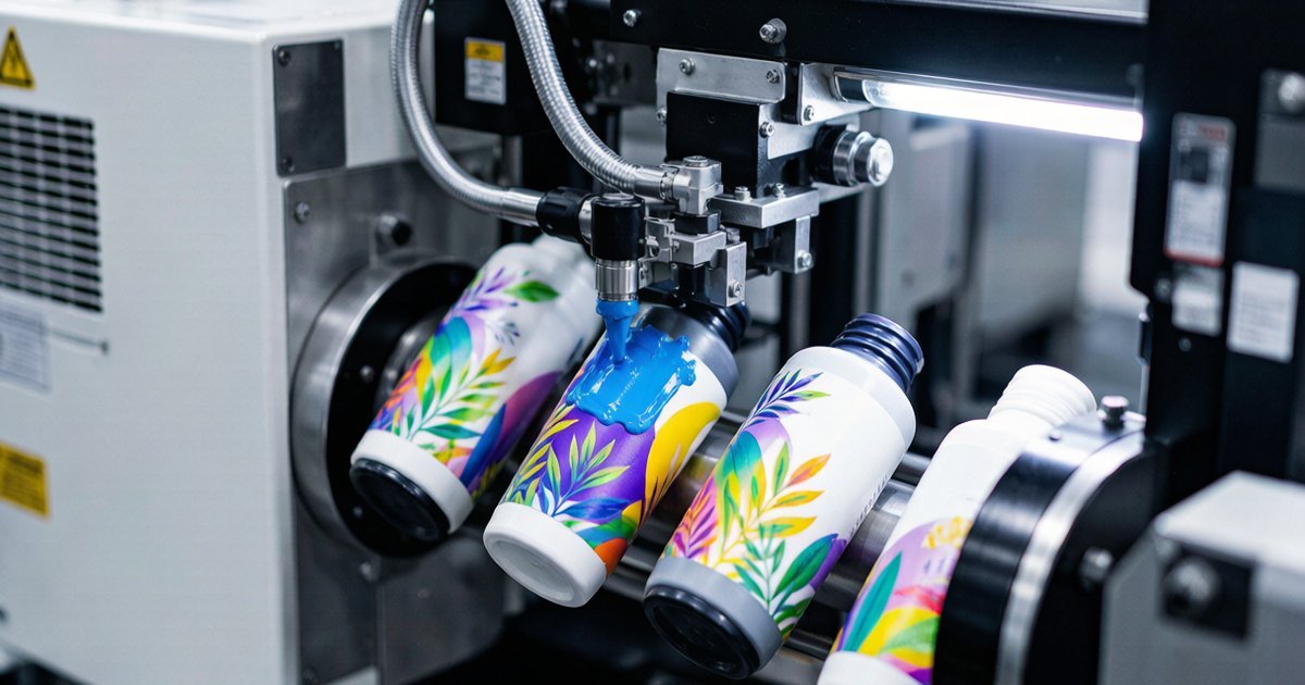 Automatic screen printing machine printing designs on cosmetic bottles in a modern factory