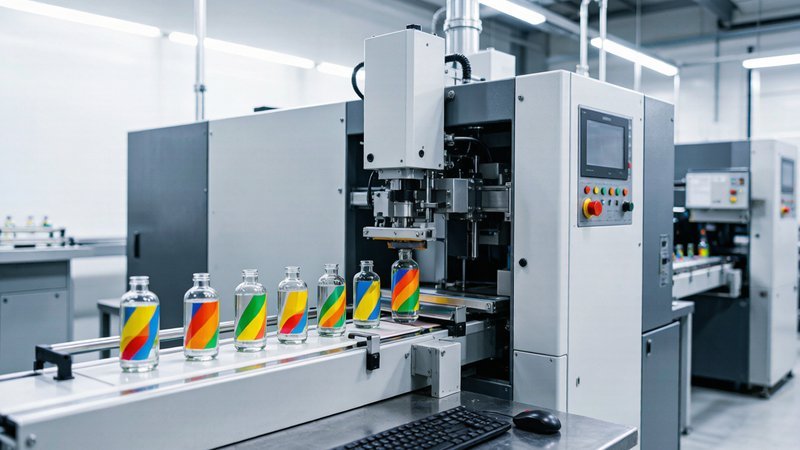 Close-up of screen printing process applying multicolor prints on cosmetic bottles