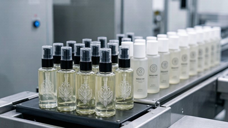 Finished cosmetic bottles with printed brand logos arranged on a production line