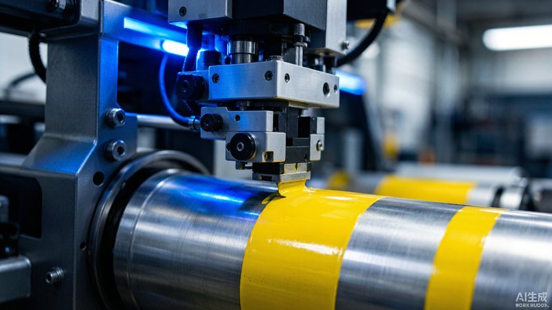Servo-driven cylindrical screen printing print head aligning ink on a rotating cylinder