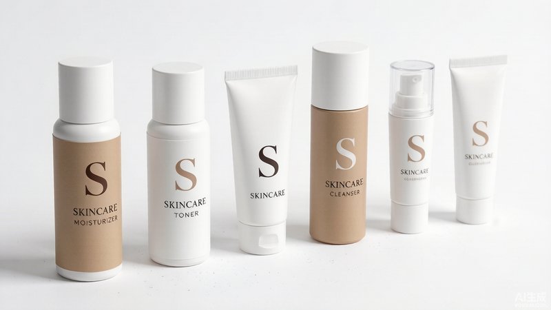 Row of precisely printed cylindrical bottles and cosmetic tubes with crisp logos