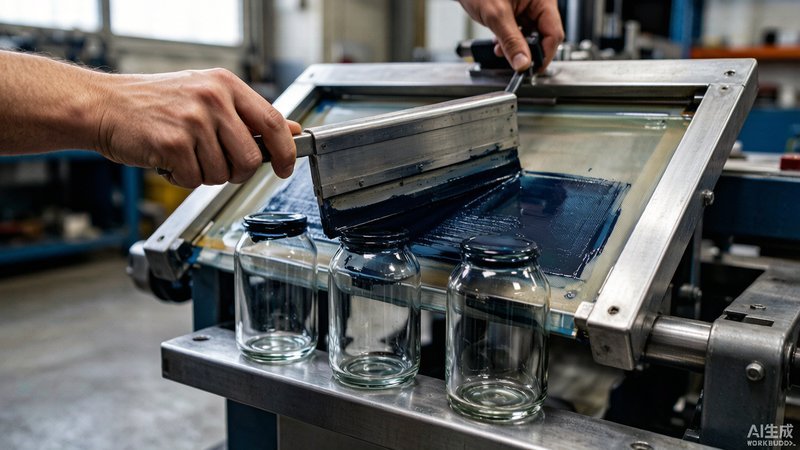 Automatic bottle screen printing machine applying ink onto curved glass bottles with mesh screen and squeegee