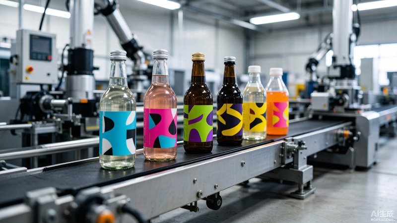 Row of consistently printed glass and plastic bottles on a high-speed automated production line