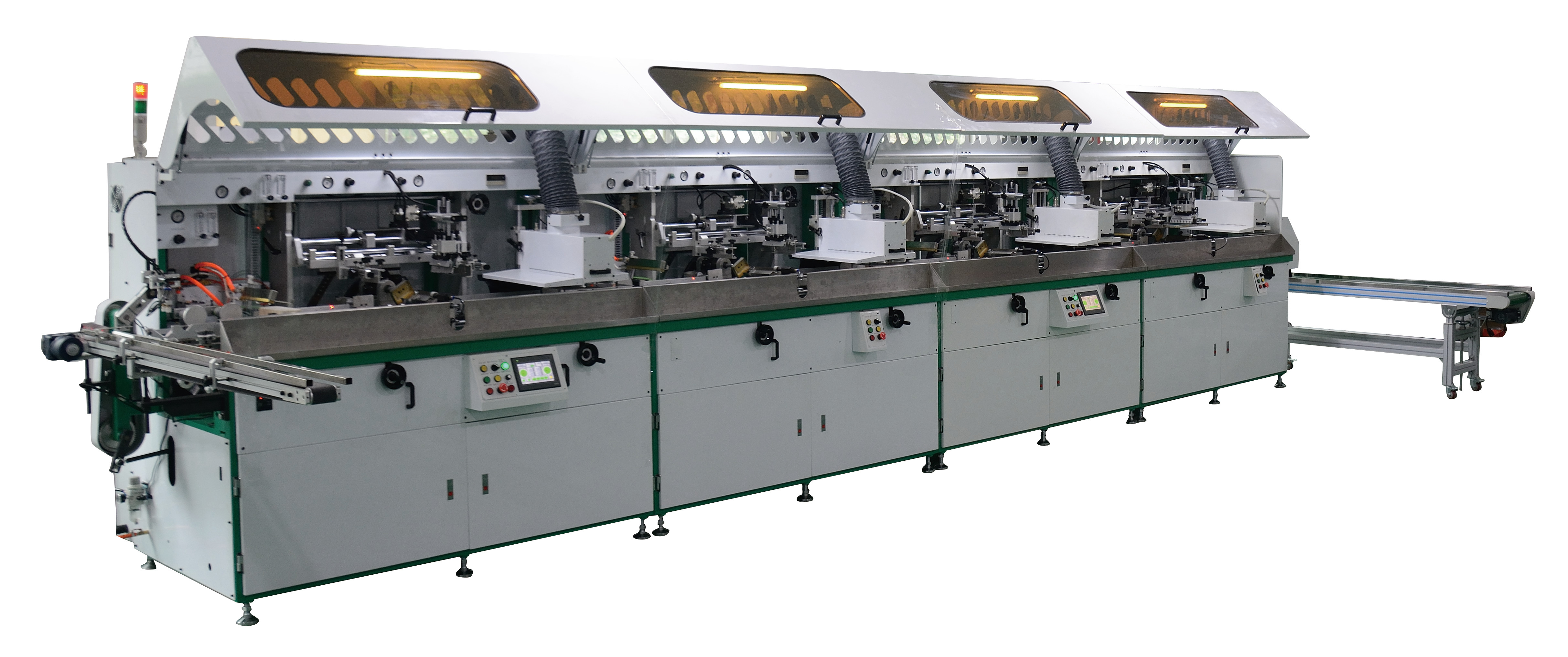 Row of consistently printed glass and plastic bottles on a high-speed automated production line
