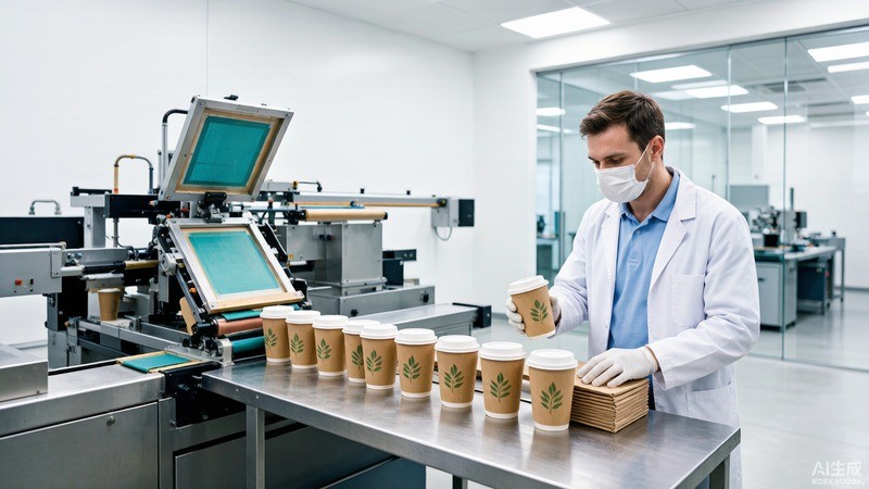Automatic screen printing machine applying a logo onto a coffee cup