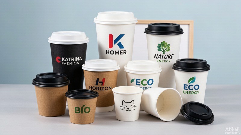 Assortment of custom-printed coffee cups with brand logos