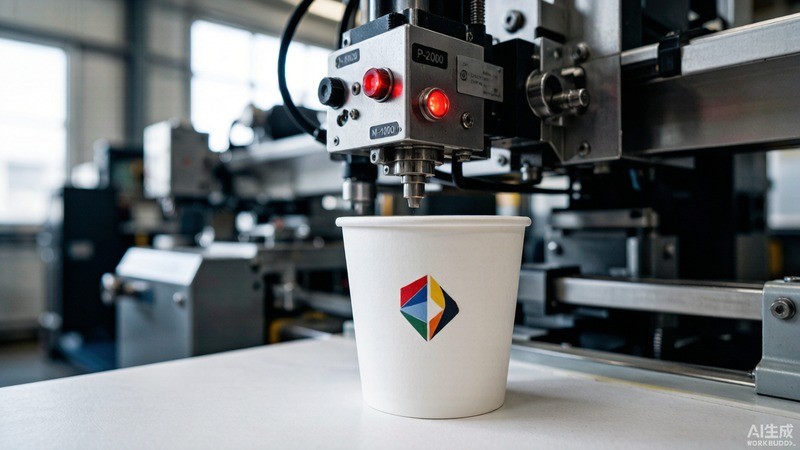Technician inspecting printed coffee cups on a production line