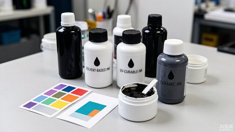 Assortment of bottle screen printing inks in labeled containers for solvent, UV and ceramic types