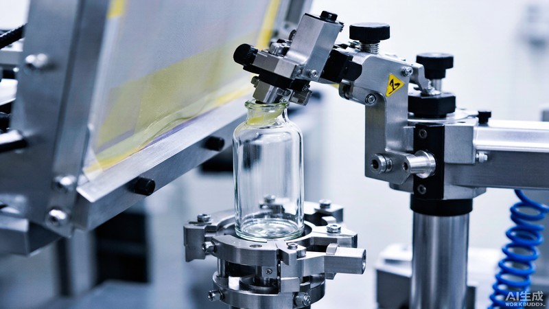 Close-up of a glass bottle being printed by a curved screen printing machine with rotary fixture
