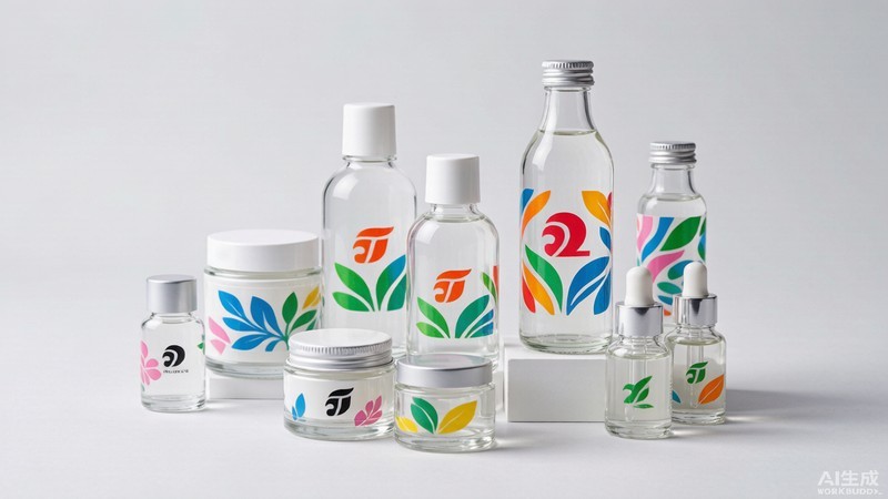 Studio showcase of finished printed glass bottles with colorful screen-printed branding