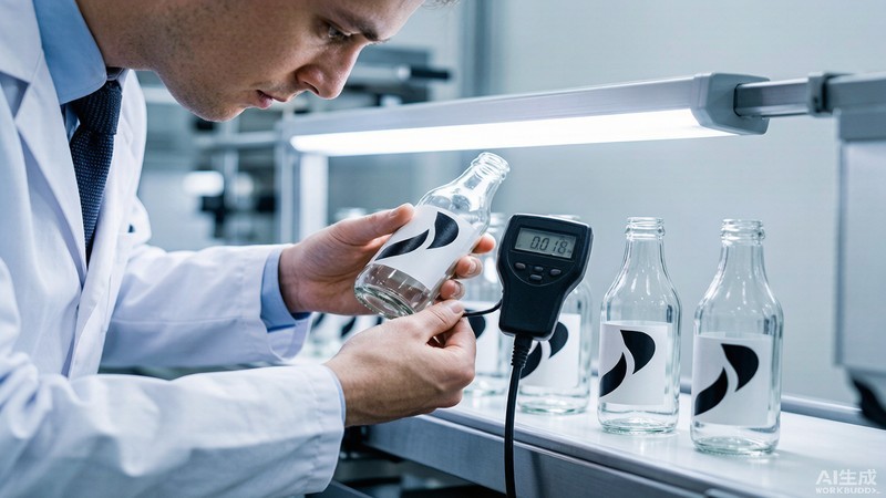 Technician inspecting printed glass bottles for alignment and durability under inspection light