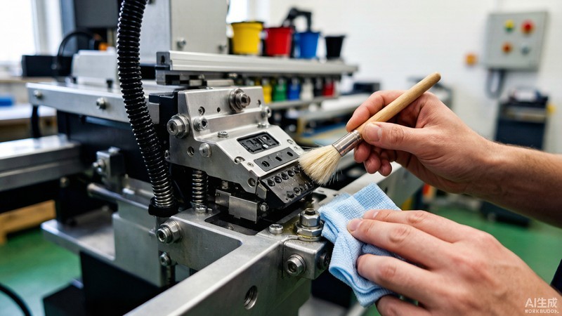 Technician cleaning the print head of a screen printing machine