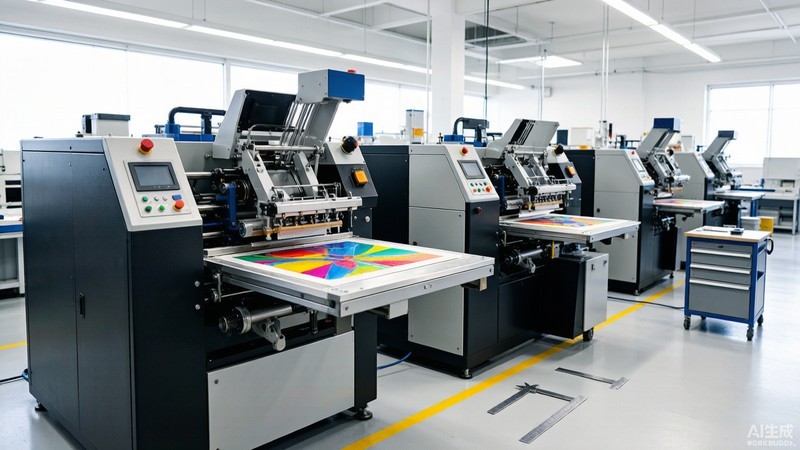 A row of well-maintained screen printing machines on a production line