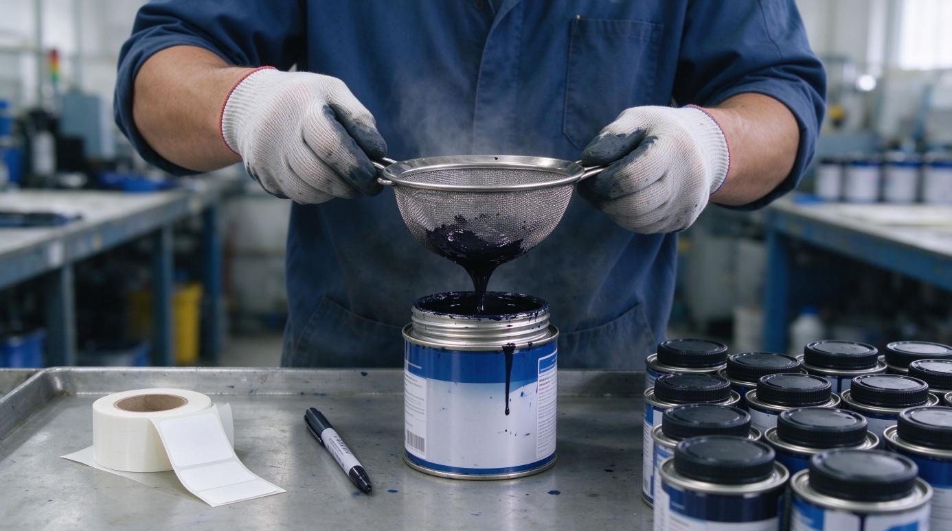 Residual ink is filtered and then sealed for recycling.