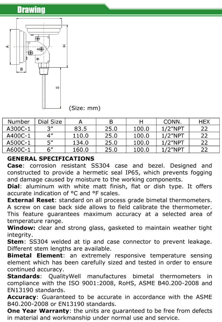 adjustable connection bimetal thermometer A series A type
